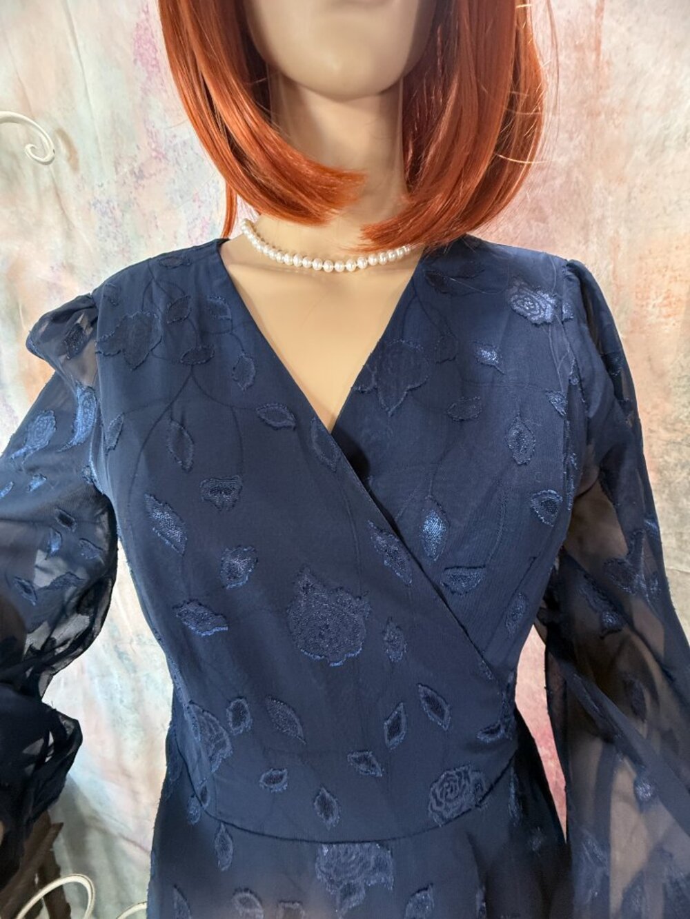 New📌 Lulus Chic & Classy Floral Jacquard Wrap Sheer Long Sleeves Midi Dress - Picture 3 of 16